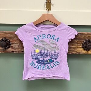 Peek‎ Kids Girls Purple Aurora Borealis Graphic Tee Holographic Lettuce Trim 2T